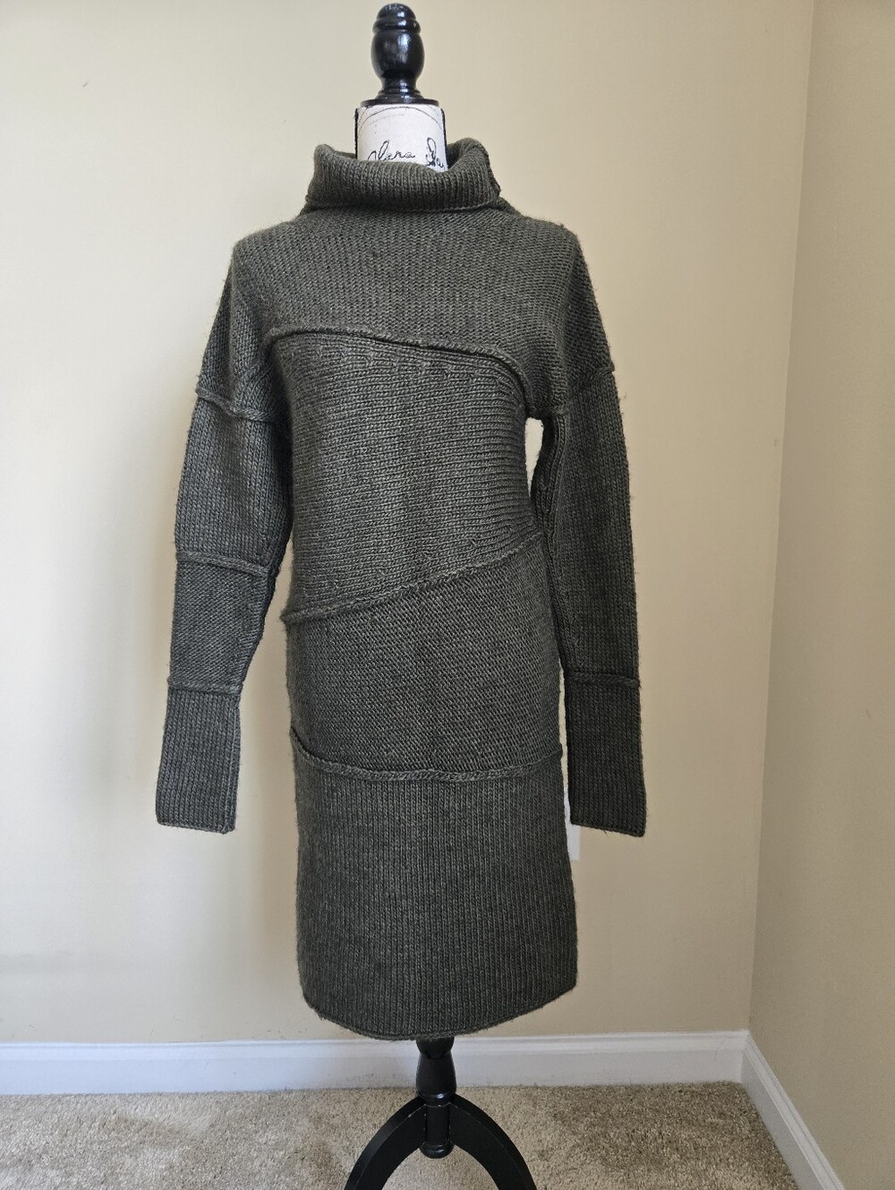 Marcella Wool Blend Sweater Dress Womens XS Olive Green Turtleneck